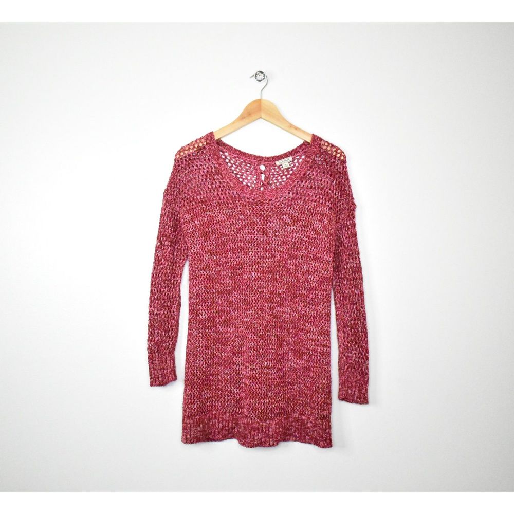 Lucky Brand Lace Up Open Back 3/4 Sleeve Tunic Sweater Size M Burgundy Pink Knit